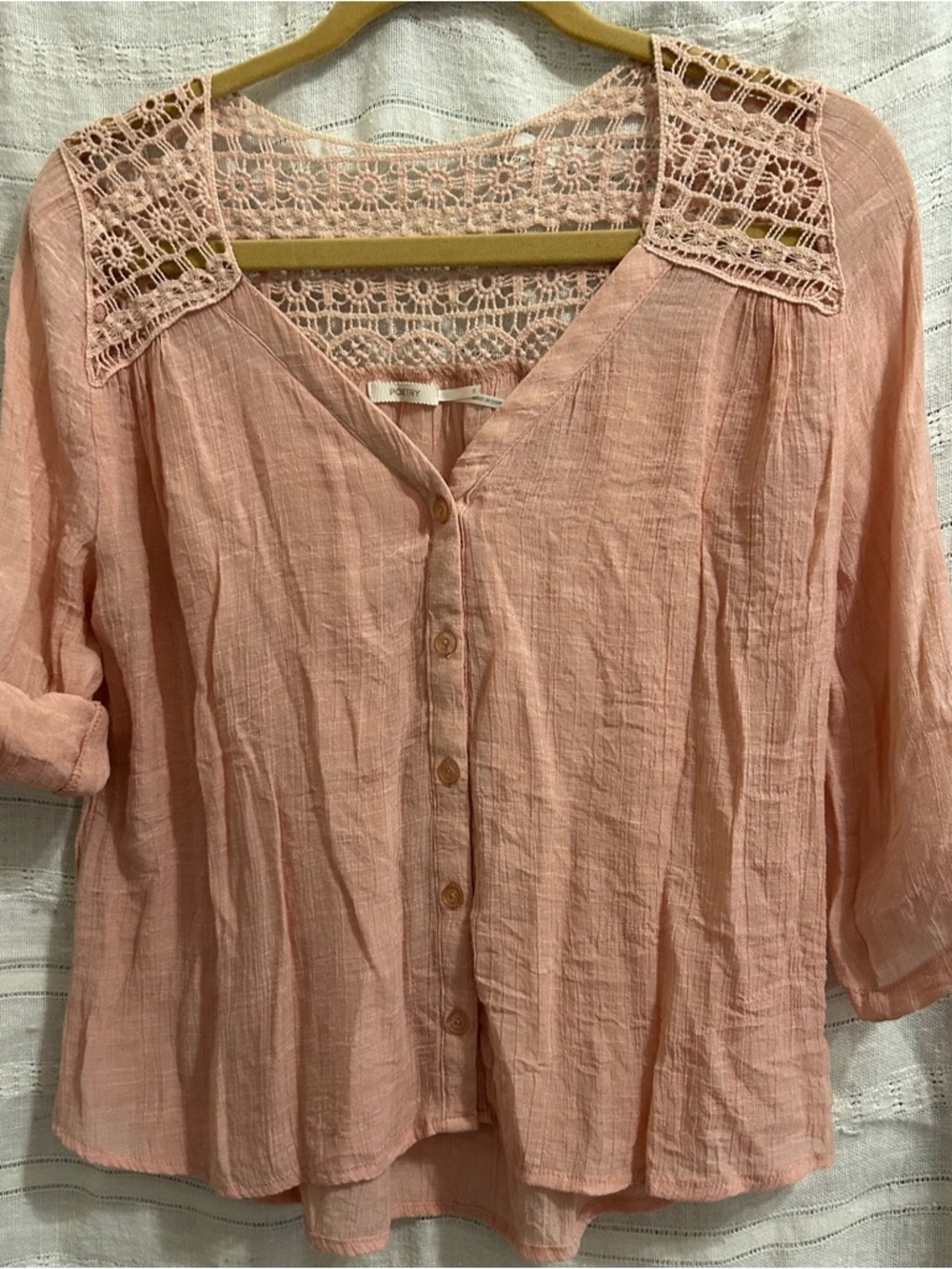 Poetry Pink Crochet-Yoke Button Down Blouse